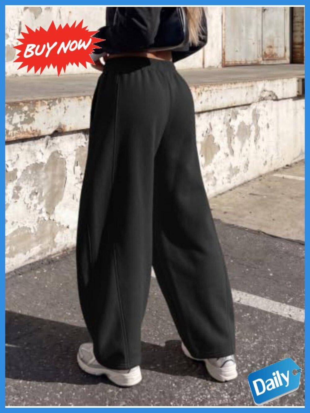 Fleece-Lined Barrel Wide Leg Sweatpants Low Rise Pull On Pockets - Picture 3 of 5